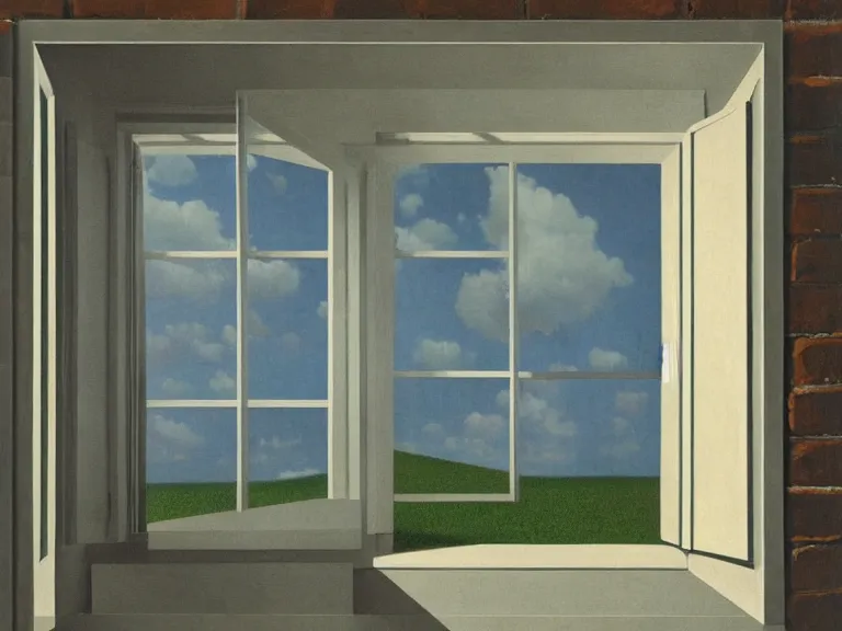 Prompt: an open window to nothingness in brick wall with open doors with endless hallway inside, painting by rene magritte, centered, high detail, high resolution