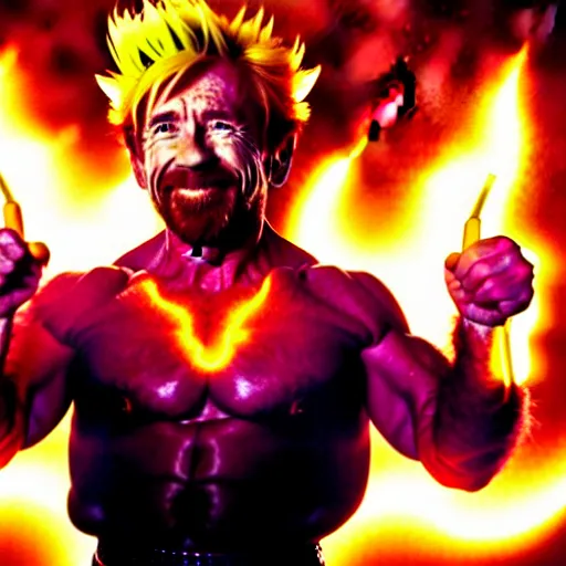 Prompt: uhd candid photo of cosmic chuck norris as a super sayian powering up, glowing, global illumination, studio lighting, radiant light, detailed, correct face, elaborate intricate costume. photo by annie leibowitz