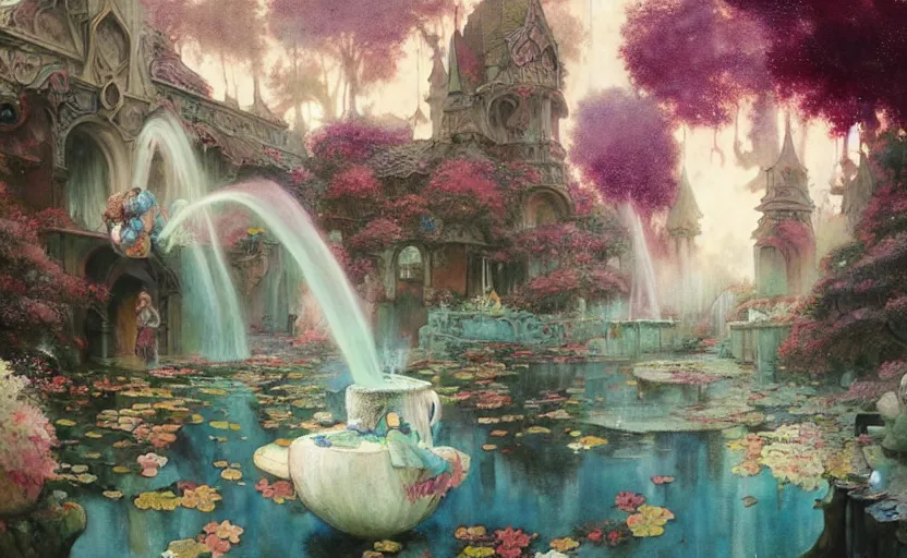 Image similar to magical fountain, fantasy. intricate, amazing composition, colorful watercolor, by ruan jia, by maxfield parrish, by marc simonetti, by hikari shimoda, by robert hubert, by zhang kechun, illustration, gloomy