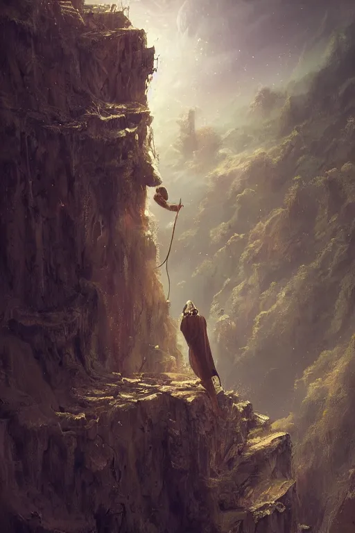 Image similar to profile view, a necromancer on a cliff with a staff casts a spell that reveals the secret of life the universe and everything, dirty linen robes, staff of bones, grizzled bearded withered man by jessica rossier and hr giger