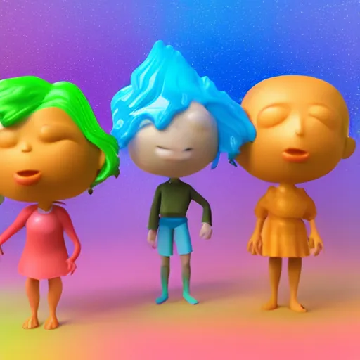 Image similar to single crazy melting plastic toy Pop Figure characterdesign product, C4d, by pixar, by dreamworks, in a Studio hollow, surrounded by flying particles