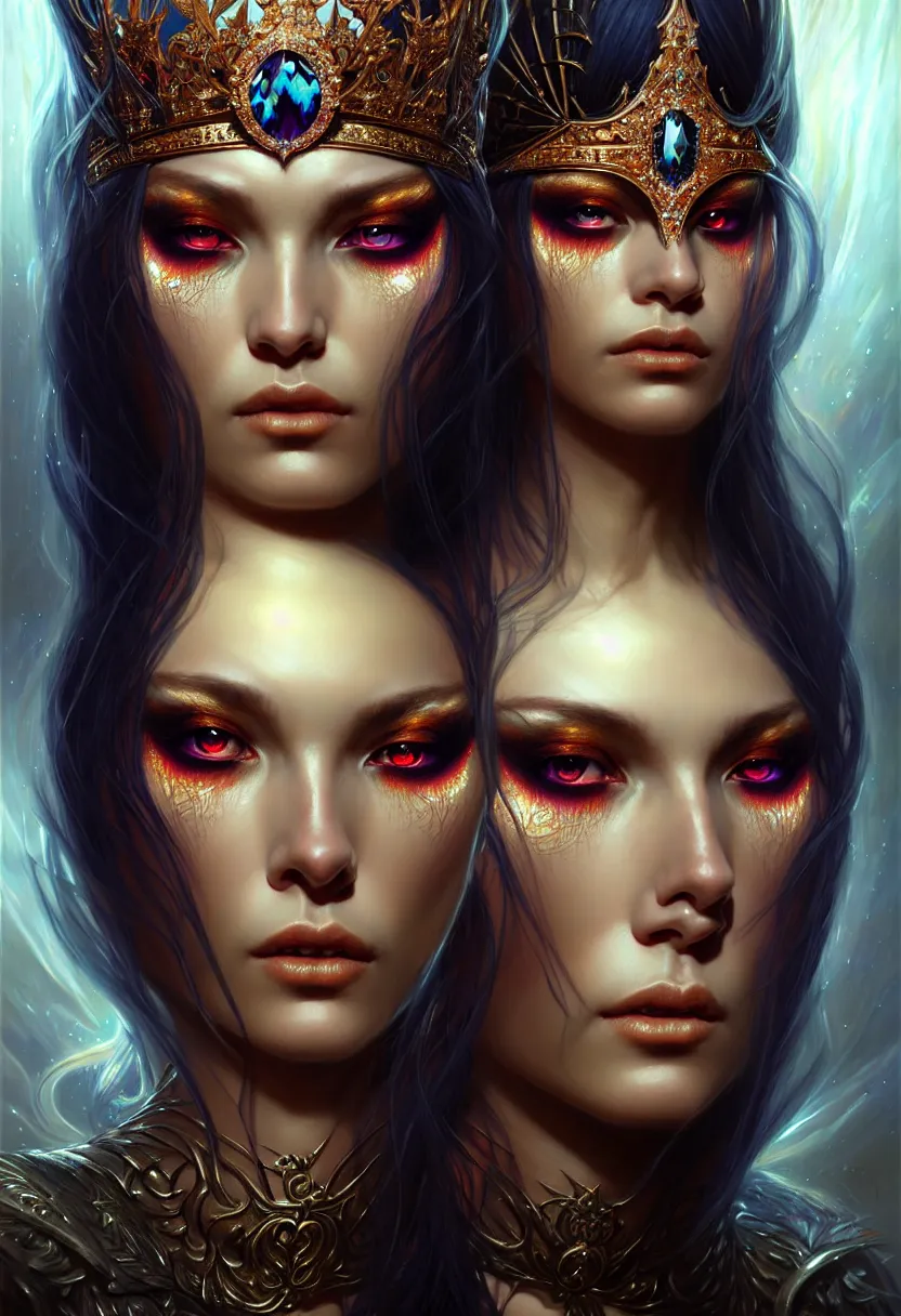 Image similar to A portrait of a jewels-crowned sorceress with vertically slit cornea eyes, by Karol Bak and Jia Ruan, artstation, very detailed, fantasy art, rpg