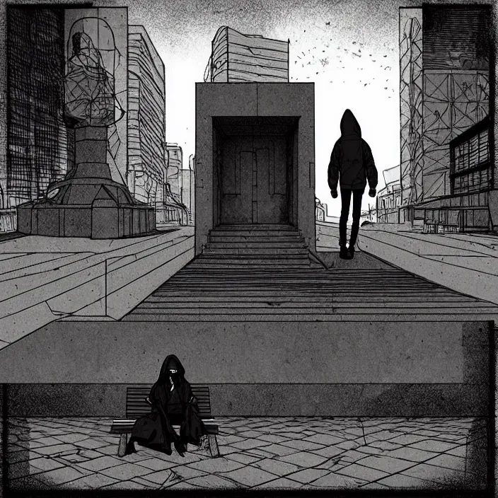 Image similar to sadie sink in a hoodie sits on a bench in a square, pedestrians walk past. background of old soviet monument. storyboard, scifi cyberpunk. by gabriel hardman, joe alves, chris bonura. cinematic atmosphere, detailed and intricate, perfect anatomy