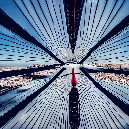 Prompt: pov on the back of a flying bird, a plane arriving in front