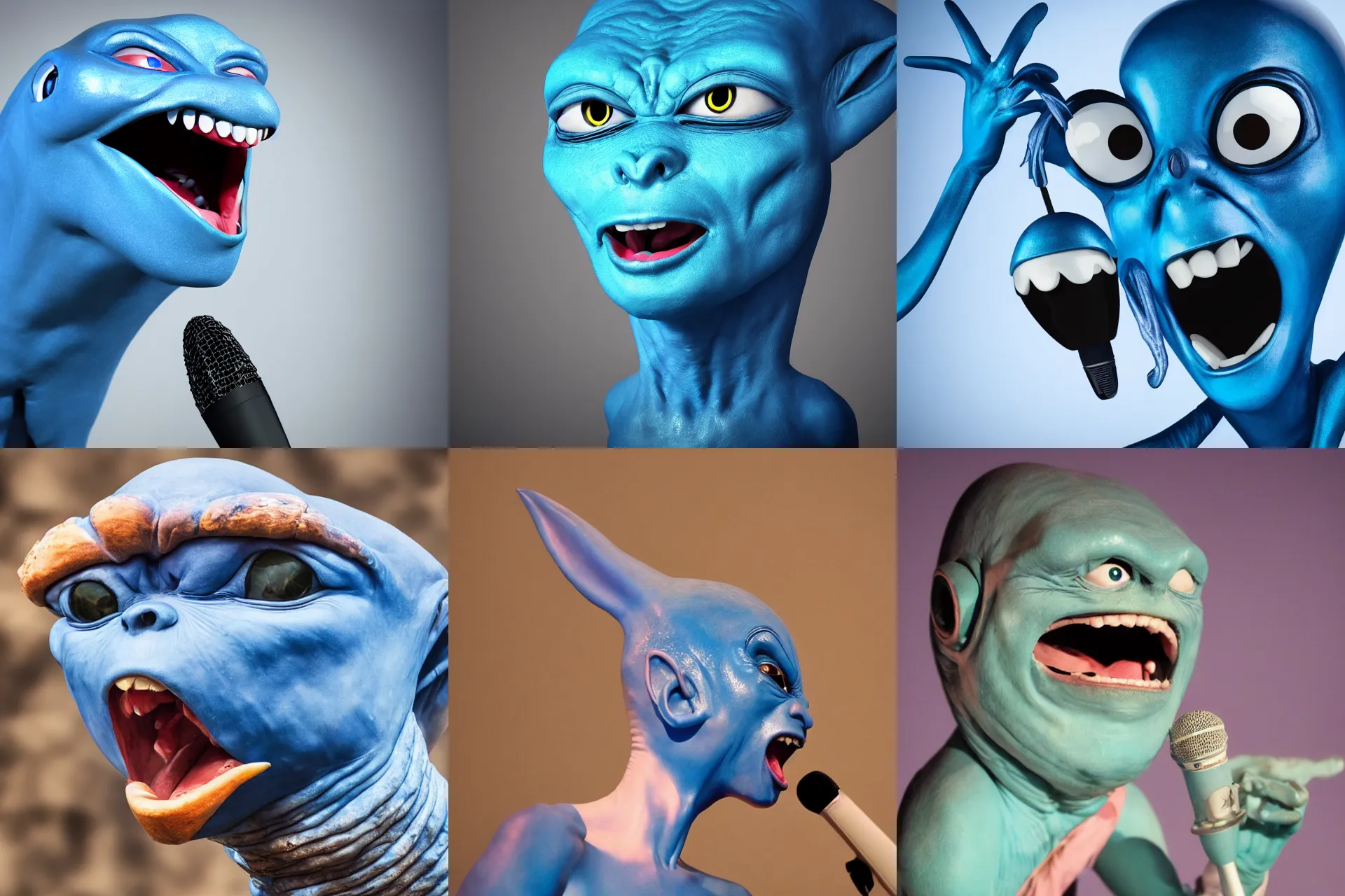 Prompt: Photo of a blue alien that is singing opera, photo, 8K