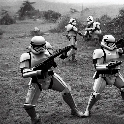 Image similar to star wars clone troopers combat soldiers in vietnam, photo, old picture, lush landscape, jungle, firearms, explosions, helicopters, aerial combat, active battle zone, flamethrower, air support, jedi, land mines, gunfire, violent, star destroyers, star wars lasers, sci - fi, jetpacks, agent orange, bomber planes, smoke, trench warfare