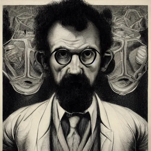 Image similar to portrait of gordon freeman by goya and escher and hogarth, illusion surreal art, highly conceptual figurative art, intricate detailed illustration, controversial poster art, polish poster art, geometrical drawings, no blur