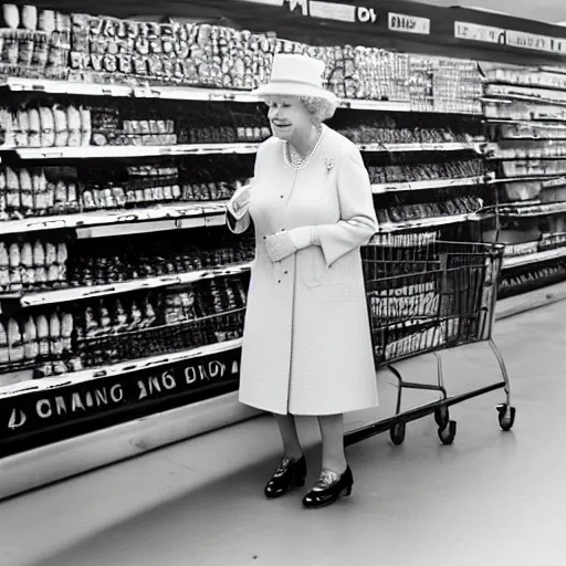 Prompt: Queen Elizabeth shopping for bananas at Wal-Mart