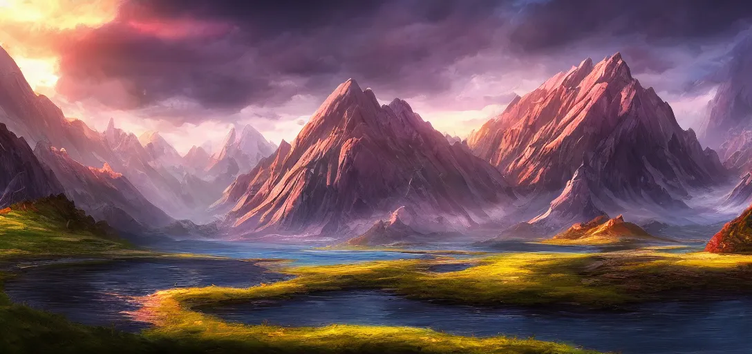 Image similar to vast beautiful landscape, color palette, wide angle, panoramic, distant mountains, lake, painting, magic the gathering, intricately detailed, award winning, artstation award, color scheme, fantasy, concept art