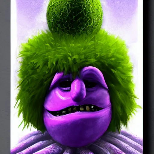 Image similar to a tennis ball monster in a purple pimp coat, digital art, fantasy, magic, chalk, trending on artstation, ultra detailed, professional illustration by basil gogos