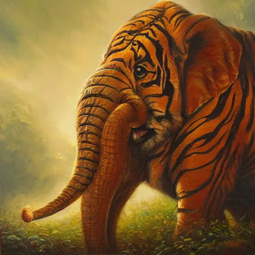 Image similar to tiger - elephant creature, oil painting by justin gerard