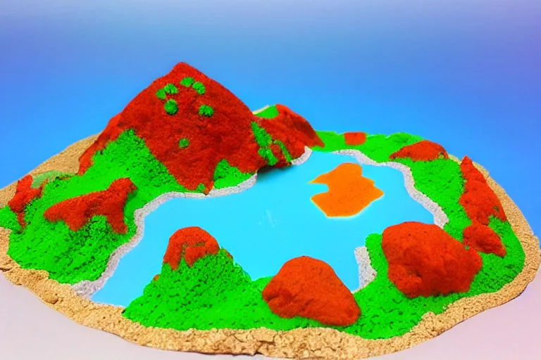 Image similar to miniature volcanic island made of candy, diorama picture, 5 5 mm, candy - island