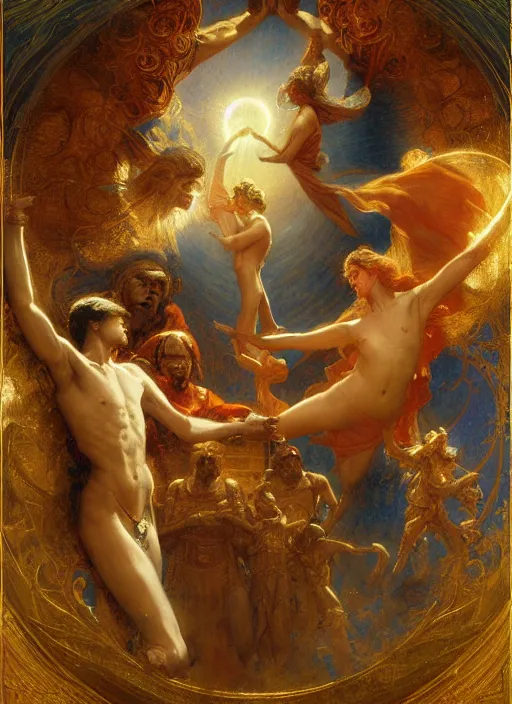 Image similar to the eighth sphere, the fixed stars : faith, hope, and love from dante's divine comedy. highly detailed painting by gaston bussiere, craig mullins, j. c. leyendecker 8 k