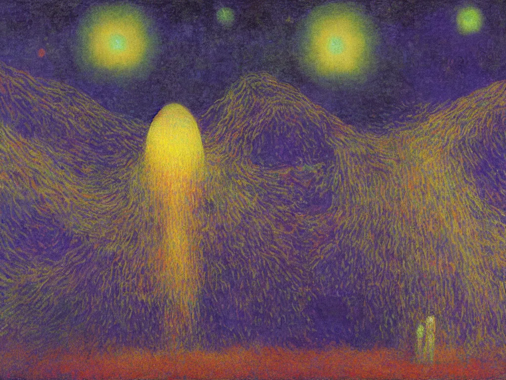 Prompt: study of the psychedelics dream bot mothership firefly net over the sublime sacred rock. painting by mikalojus konstantinas ciurlionis, monet, bosch, wayne barlowe, agnes pelton, rene magritte