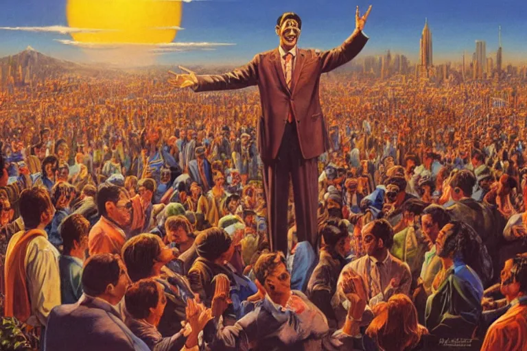 Prompt: a picture of a happy subgenius - salesman at a alter speaking to a crowd of kneeling cultists, ufos in the sky, sunrise, a detailed matte painting by mort kunstler, pixiv, kitsch movement, city background, movie poster, official art