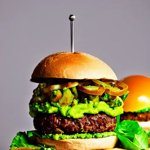 Prompt: juicy vegan hamburger topped with guacamole and fried onion and a vegan fried egg, crispy buns, 8 k resolution, professional food photography, studio lighting, sharp focus, hyper - detailed