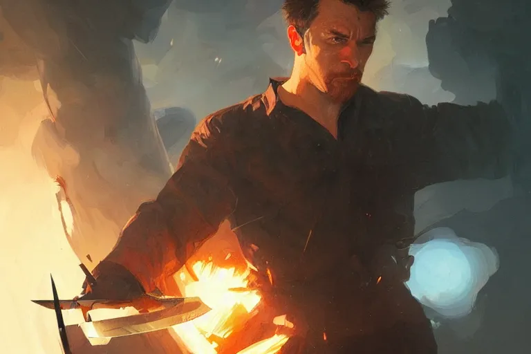 Prompt: a man fights an explosion with a knife, portrait, highly detailed, digital painting, artstation, concept art, smooth, sharp focus, illustration, cinematic lighting, art by artgerm and greg rutkowski and alphonse mucha