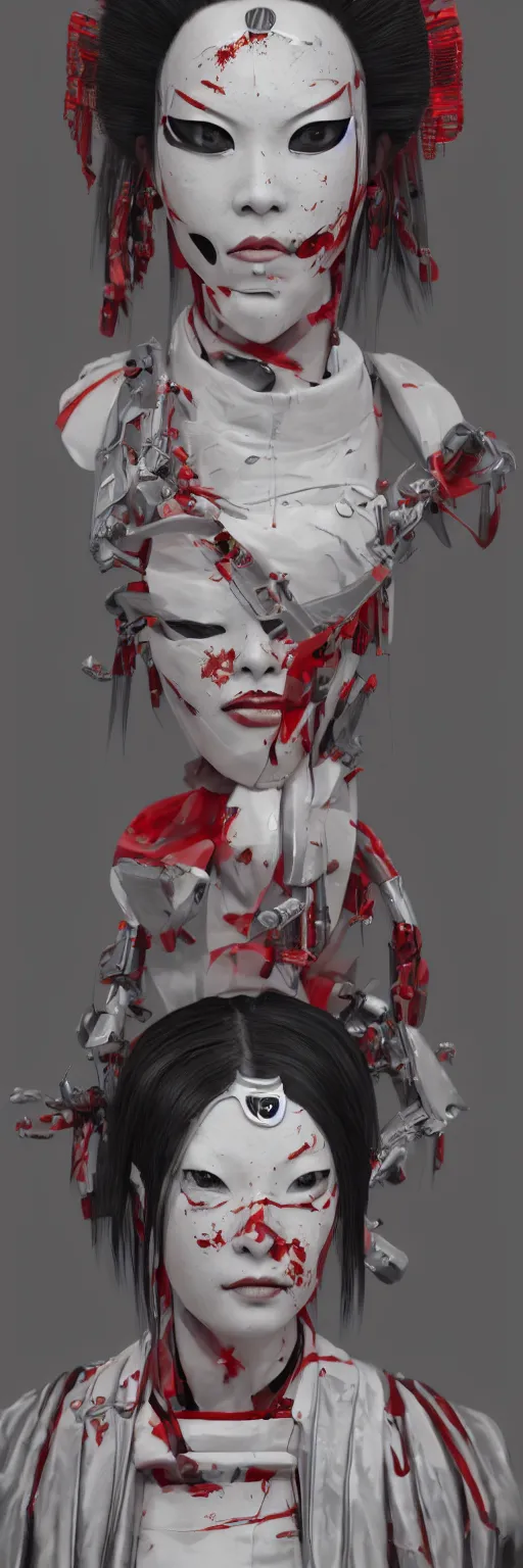 Image similar to a beautiful japanese geisha killer cyborg android mercenary portrait, kabuki mask, in the style of ash thorp, beautiful, diffuse cinematic lighting, anamorphic lens, anamorphic lens flare, hyper real, intricate detail, octane renderer, unreal engine 5