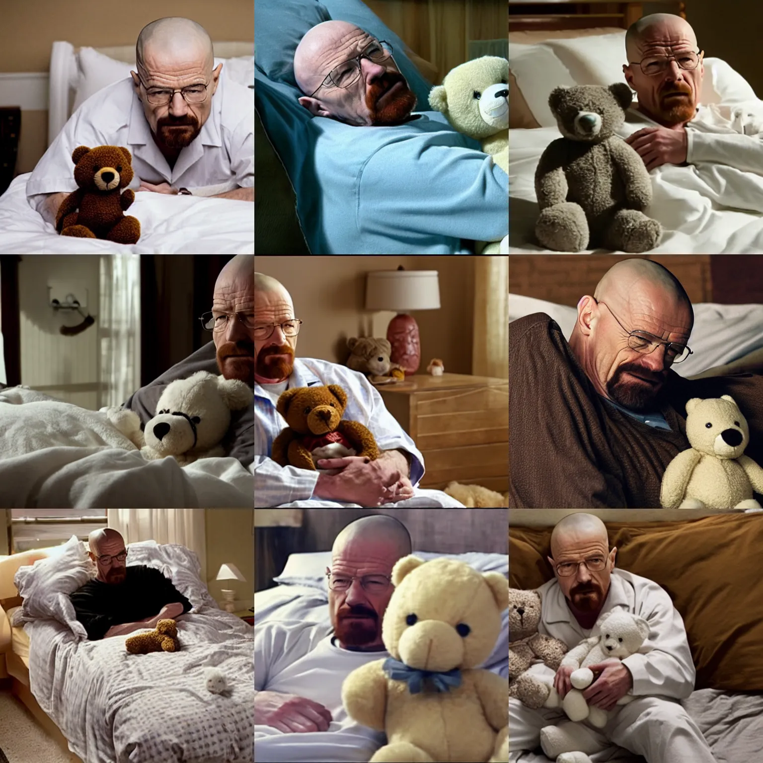 Prompt: Walter White with a teddy bear in bed, both are wearing pajamas. Walter hugs the teddy tightly. still from Breaking Bad.