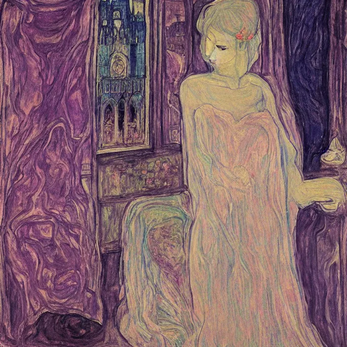 Image similar to woman in transparent vaporous night gown with demonic luminescent white apparition, with city with gothic cathedral seen from a window frame with curtains. nighe, vivid iridescent psychedelic colors, lamps. munch, egon schiele, bosch, bonnard, henri de toulouse - lautrec, utamaro, monet, agnes pelton