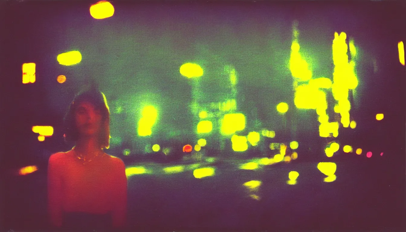 Image similar to colorful instant photograph of a woman in a city at night, polaroid, light leak, raw, nostalgic