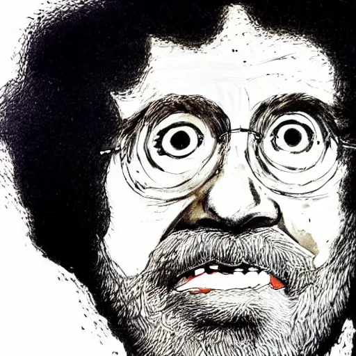 Image similar to bob ross in a portrait, drawn in ink by ralph steadman