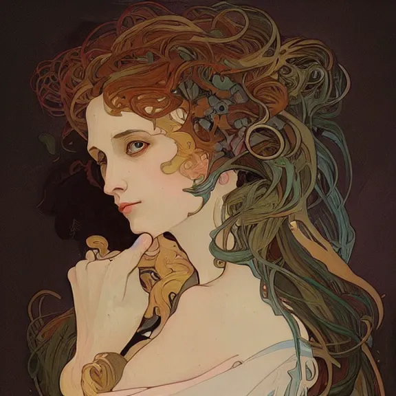 Prompt: a highly detailed beautiful portrait in the style of alphonse mucha and in the style of peter mohrbacher.