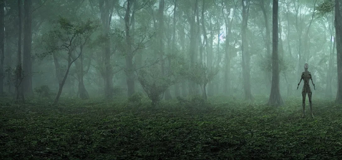 Prompt: a complex organic fractal 3 d ceramic humanoid megastructure in a lush forest swamp, foggy, cinematic shot, photo still from movie by denis villeneuve