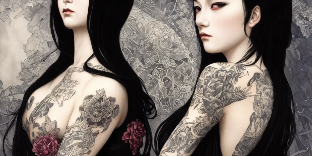 Image similar to portrait of a goth yakuza girl with tattoos, intricate, elegant, highly detailed, digital painting, artstation, concept art, smooth, sharp focus, illustration, art by artgerm and greg rutkowski and alphonse mucha and william - adolphe bouguereau