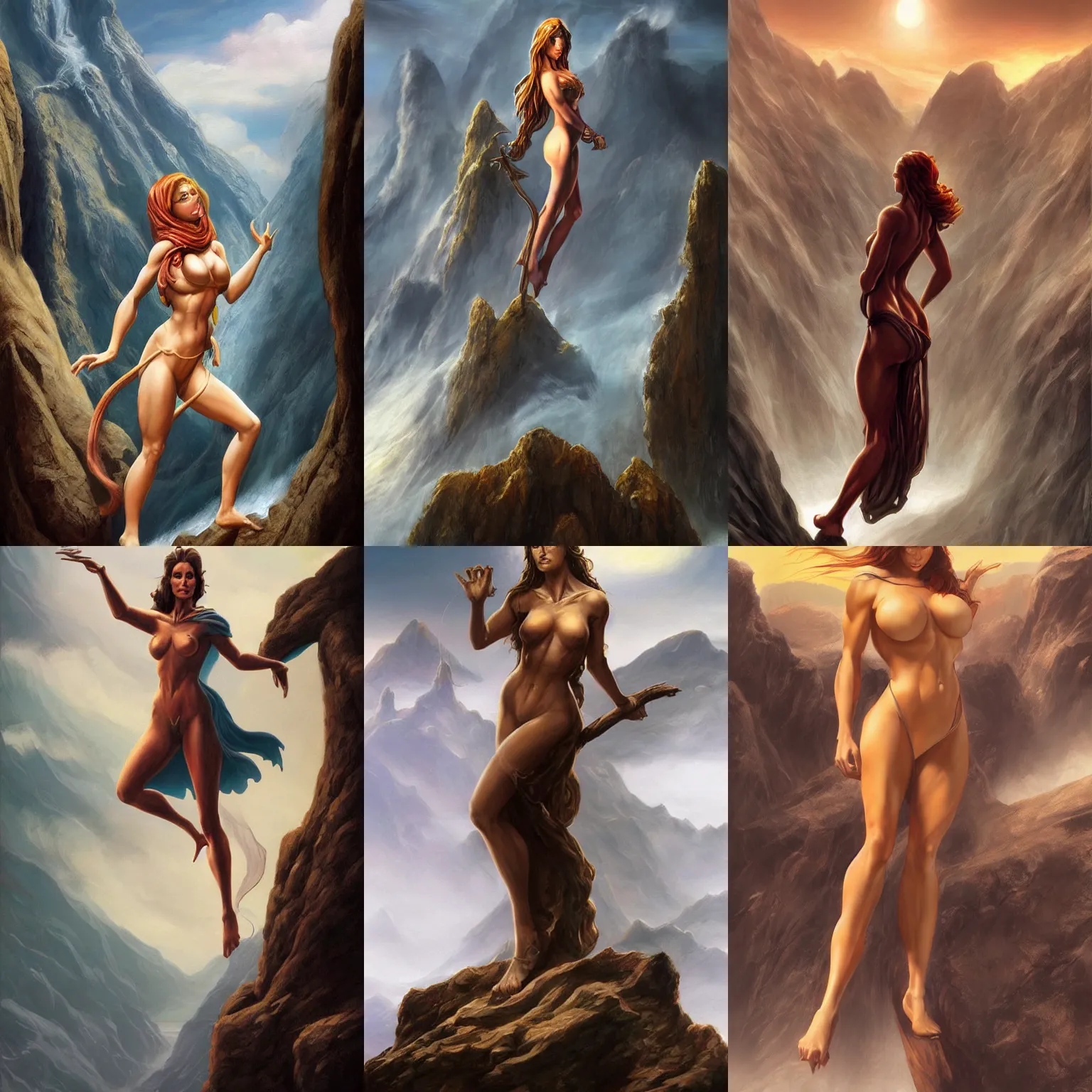 Prompt: a beautiful female wizard standing on a cliff, style of Boris Vallejo and Frank Frazetta, hyper realistic, very detailed, fantasy art, matte painting, trending on artstation and deviantart