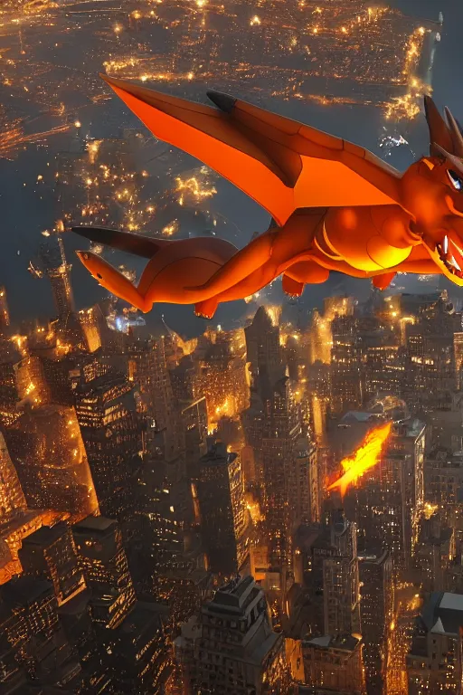 Image similar to charizard flying above new york, cybertronian, long shot, cinematography by wes anderson, 4 k octane render, intricate detail, photorealistic, cinematic lighting, artstation