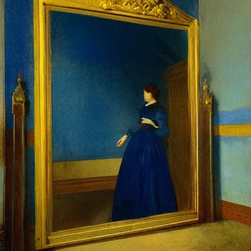 Image similar to a girl in a blue and gold haunted liminal room, film still by goya, subject by balthus, colors by pontormo, lights by hopper, extreme detail, liminal aesthetic, background art nouveau,