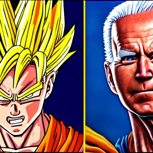 Image similar to ultra realistic portrait painting of joe biden as super saiyan goku, art by akira toriyama, 4 k, dragon ball artstyle, cel shaded, highly detailed, epic lighting