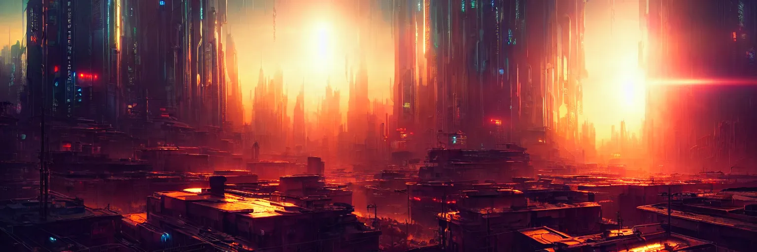 Prompt: cinematic photography of a cyberpunk city during sunset, sun flare back lighting, cyber led neon, bokeh, rule of thirds, hyper photorealistic, crispy quality, digital photography, art by artgerm, art by greg rutkowski, art by pascal blanche,