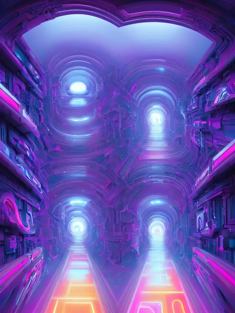 Image similar to symmetrical entrance to mainframe ethereal realm, ai sentient, octane render, symmetrical composition, dreamy colorful cyberpunk colors, 6 point perspective, fantasy landscape with anthropomorphic terrain in the styles of igor morski, jim warren and rob gonsalves, intricate, hyperrealistic, volumetric lighting, neon ambiance, distinct horizon