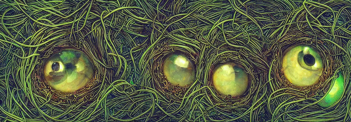 Image similar to many large beautiful eyeballs inside of extremely thick iridescent vines intertwined, central composition, high saturation, epic lighting, in the style of Peter gric and Amanda Sage 8k