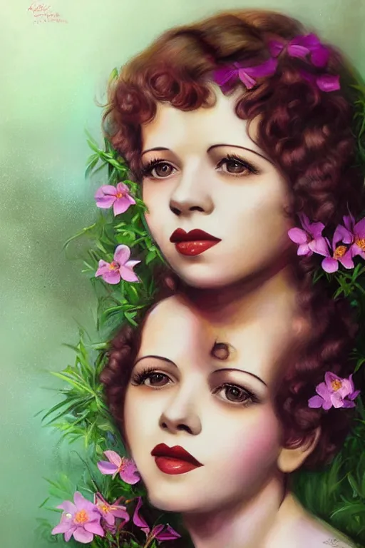 Image similar to a beautiful portrait of Clara Bow with flowers pastel colors, in a scenic environment by Artgerm, detailed,