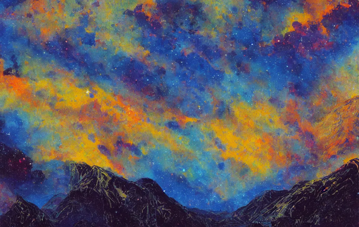 Prompt: Realist colorful impasto painting of the Salmon River mountain valley at midnight by John Harris, stars and nebulae in the inky black sky reflect on the darkest blue river surface, 4k scan, very beautiful, oil on canvas, diagonal brushstrokes