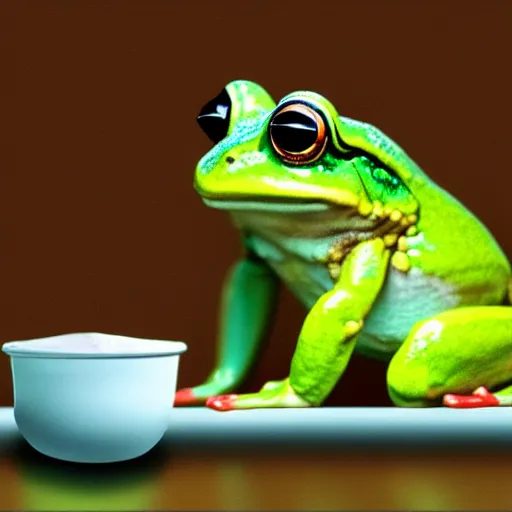 Image similar to frog in yogurt, digital art, photorealistic, shiny, trending on artstation, extremely detailed,