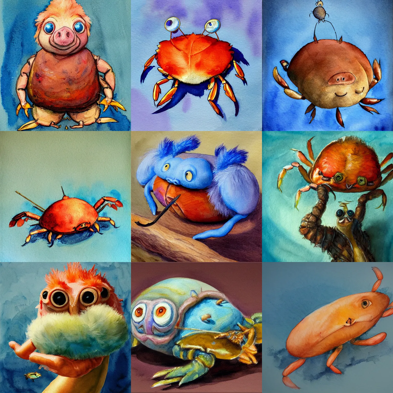 Prompt: portly feather - covered crab - piglet creature brandishing a pike, watercolor painting, six eyes, cerulean blue and burnt sienna, tonalist portrait, verisimilitude, 3 / 4 lighting, subsurface scattering, rim light, rococo, prosaic, baroque, american realist, shallow depth of field, bokeh effect, ambient occlusion