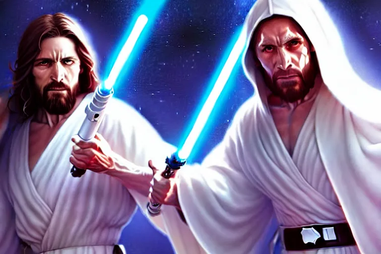 Image similar to jesus christ in a white robe fighting demons with, a lightsaber ; art by artgerm ; digital art ; character art ; star wars