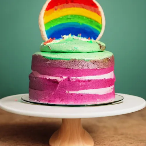 Prompt: photo of lizard standing on top of rainbow icing cake