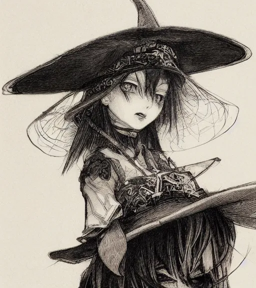 Image similar to portrait of fumo doll wearing witch hat, pen and ink, intricate line drawings, by craig mullins, ruan jia, kentaro miura, greg rutkowski, loundraw