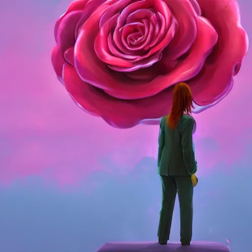 Image similar to closeup, huge rose flower head, frontal, girl in a suit, surreal photography, sunrise, dramatic light, impressionist painting, digital painting, artstation, simon stalenhag