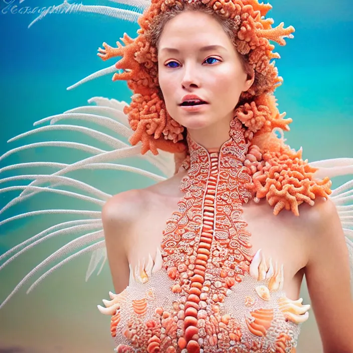 Image similar to photo portrait of a beautiful woman like a nynph-sea-angel, dressed in long elegant intricate ornamental coral and shells white dress, natural skin tone, intricate fractal highly detailed coral and shells ornament in the upper side of breast, bust with a very long neck , elegant, highly detailed intricate coral and shells ornament in her blond long hair, Realistic, Refined, Highly Detailed, Cinematic Lighting, fine art photography by Paolo Roversi, volumetric lighting, hyper realistic photography, dramatic colors scheme