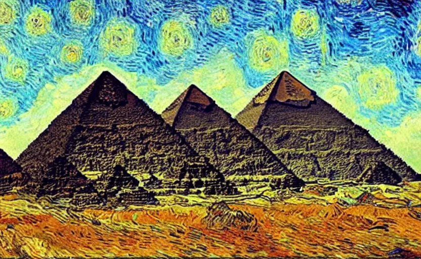 Image similar to The pyramids with Van gogh sky
