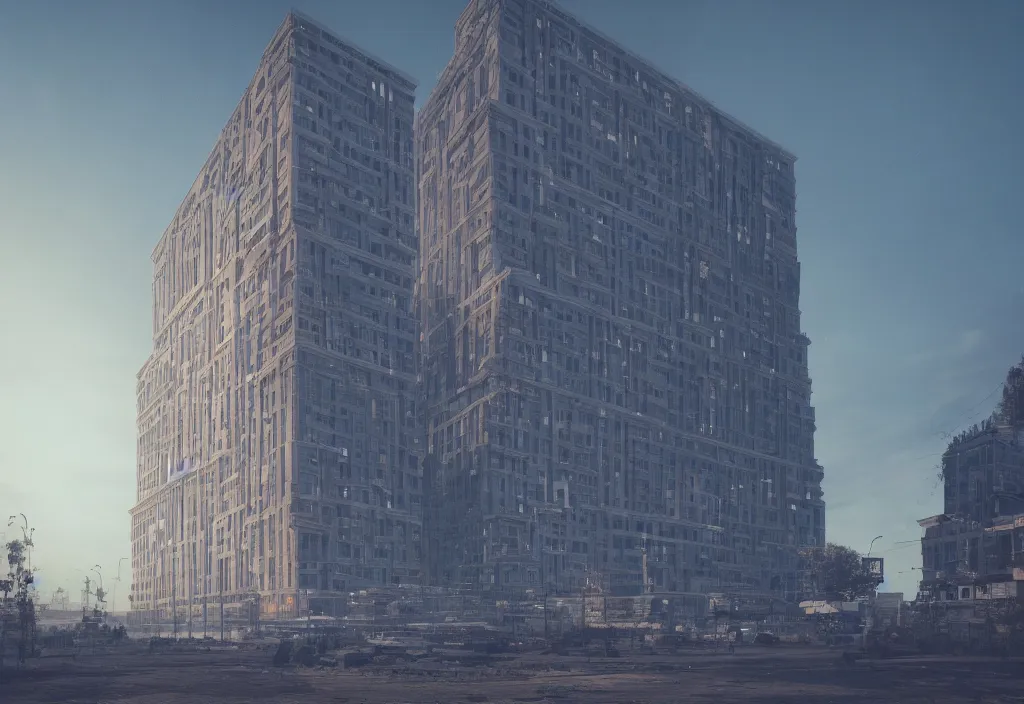 Image similar to a single giant building , cinematic lighting, 4k