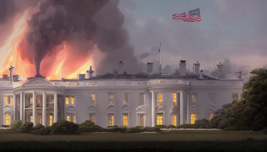 Prompt: A highly detailed matte painting of american white house castle on fire, expliosion and smokes, by Studio Ghibli, Makoto Shinkai, by Artgerm, by WLOP, by Greg Rutkowski, volumetric lighting, octane render, 4K resolution, trending on artstation, masterpiece
