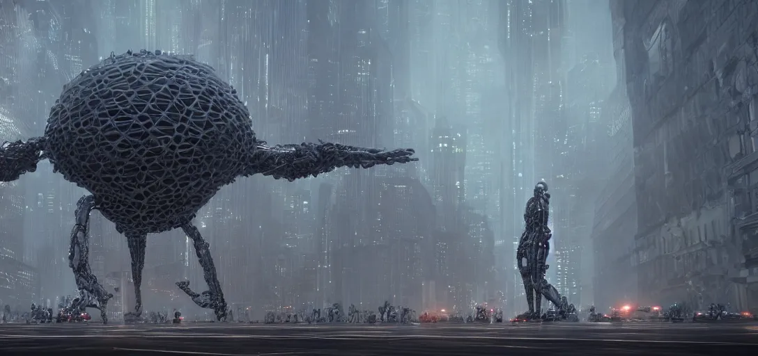 Prompt: a complex organic fractal 3 d metallic symbiotic ceramic humanoid megastructure creature invading a city, foggy, cinematic shot, photo still from movie by denis villeneuve, wayne barlowe