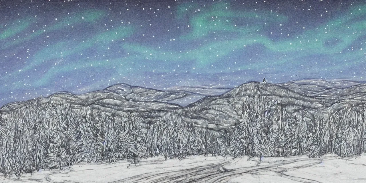 Prompt: laurentian appalachian mountains in winter, unique, original and creative landscape, lines and dots drawing, snowy night, distant town lights, aurora borealis, deers and ravens, footsteps in the snow, brilliant composition, fascinating textures